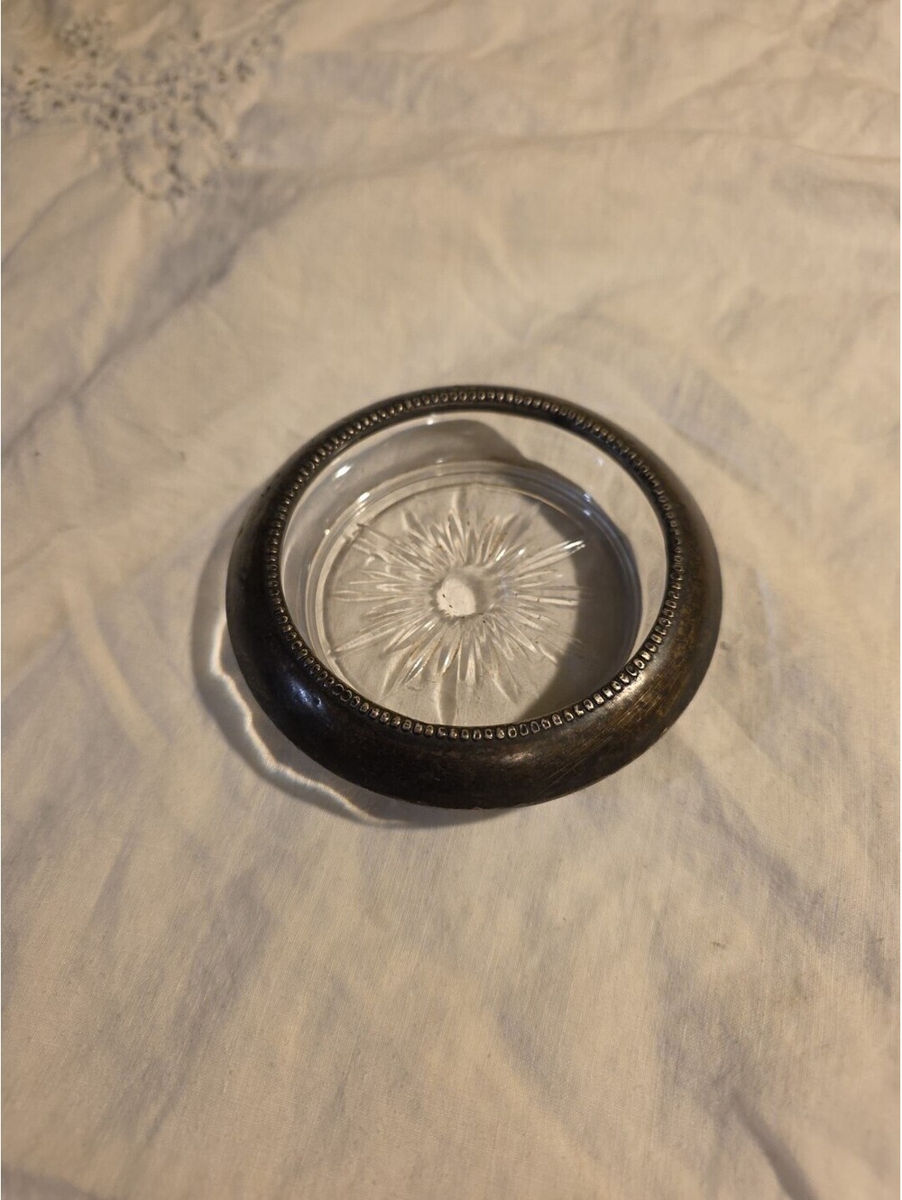 LEONARD ~ VINTAGE GLASS COASTER WITH SILVER PLATE RIM.